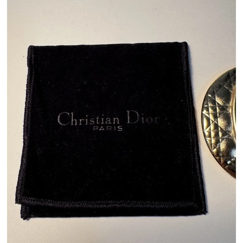 Christian Dior Compact Hand Mirror Matte Gold Vintage W/ Velvet Pouch Authentic